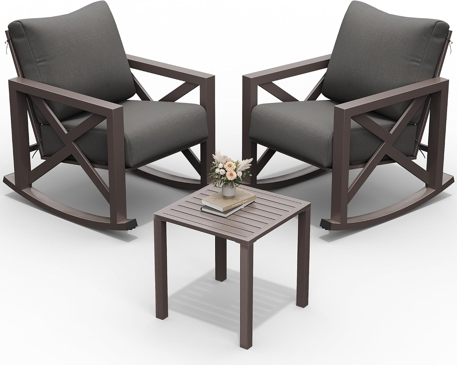 UDPATIO Outdoor Rocking Chair Set of 2 with Coffee Table, 3 Piece Metal Patio Furniture Set with 6.5' Water-Resistant Cushions, Oversized, 350lbs Heavy-Duty, for Porch, Patio, Balcony, Dark Grey