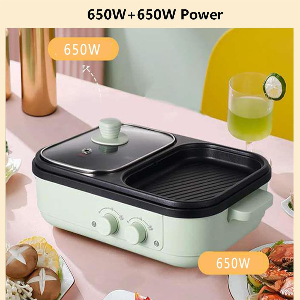 2-in-1 Electric Grill for BBQ and Hotpot, Nonstick Electric Frying Pans 1300w Shabu Pot BBQ Plate with Double Disc Design, One Pan for Grilling, Barbecue, with 4 Plates