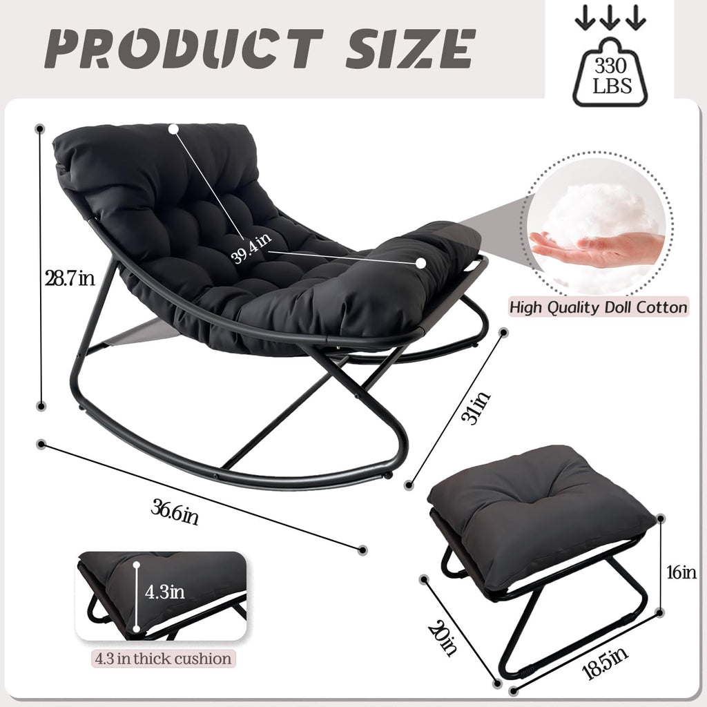Oversized Patio Rocking Chair with Ottoman, Comfy Lounge Rocker Chair, Outdoor and Indoor Rocking Chairs with Deep Cushion, Metal Egg Chair for Living Room Porch Garden Balcony(Black1)