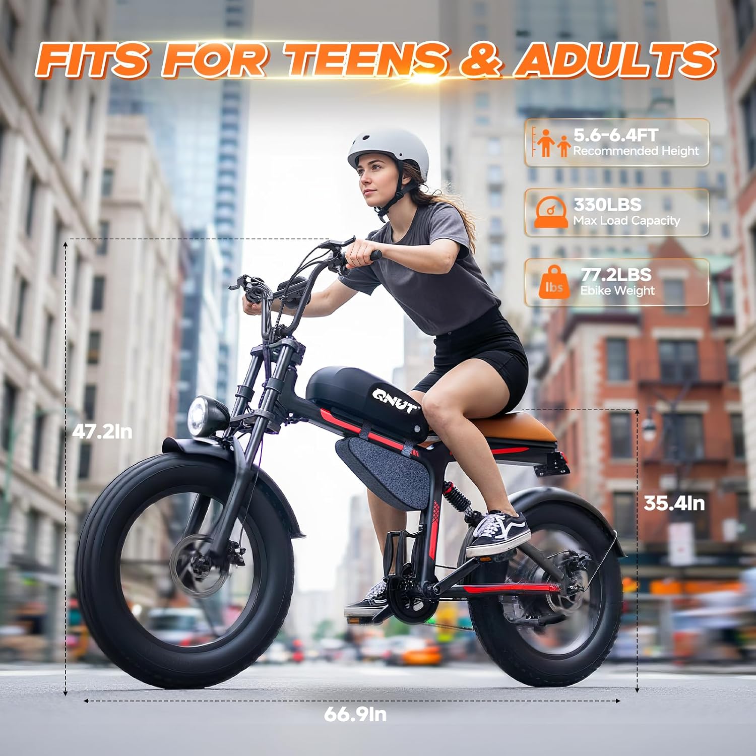 QNUT Electric Bike for Adults - 1500W Peak Motor 28MPH Speed, 48V 18Ah Battery, 60-90 Miles Range, 7-Speed Transmission, 20'x4.0' Retro Motorcycle Design for City & Trail Riding