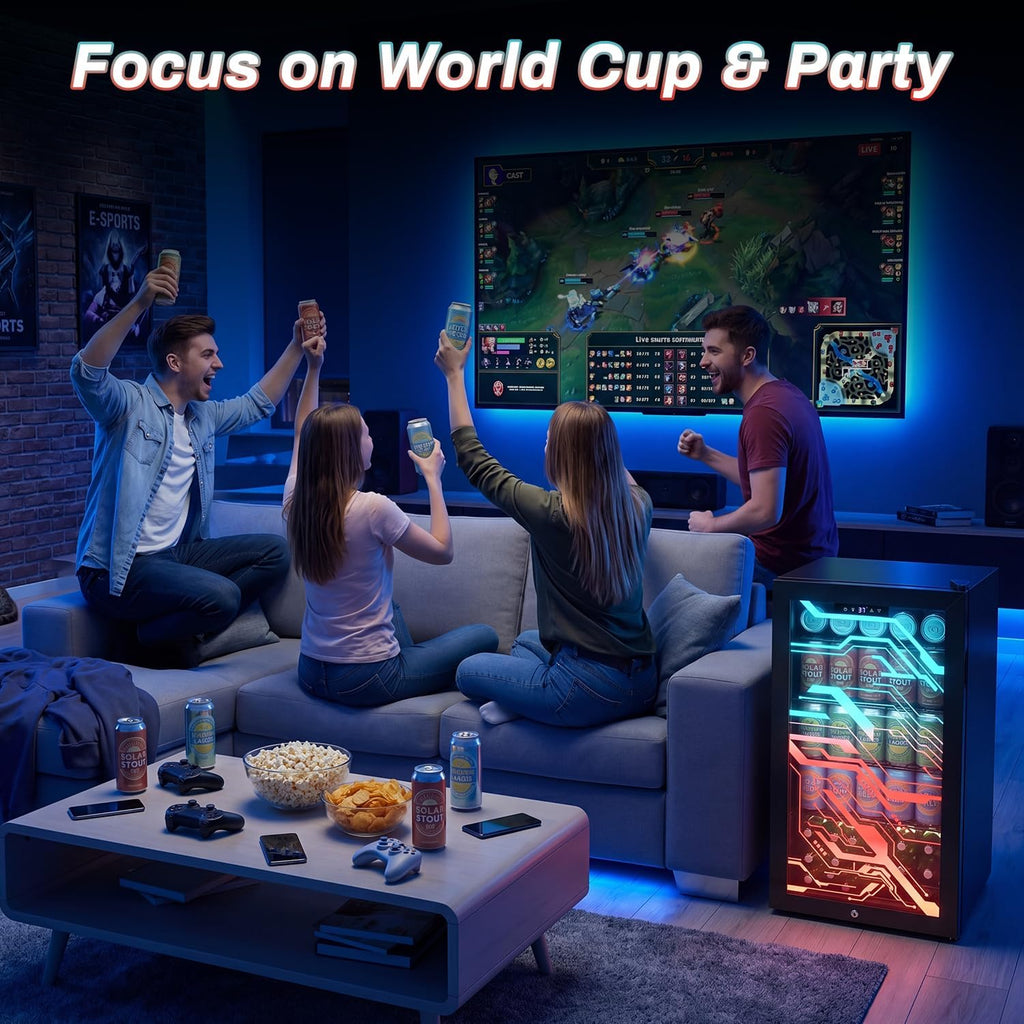Velivi Gaming Light Up Glass Door Beverage Refrigertor, 3.2 Cu Ft Gaming Mini Fridge with Led RGB Lights Lockable Mini Fridge For Soda Beer, Drink Cooler Cyberpunk Gaming Rooms Bar Home Party