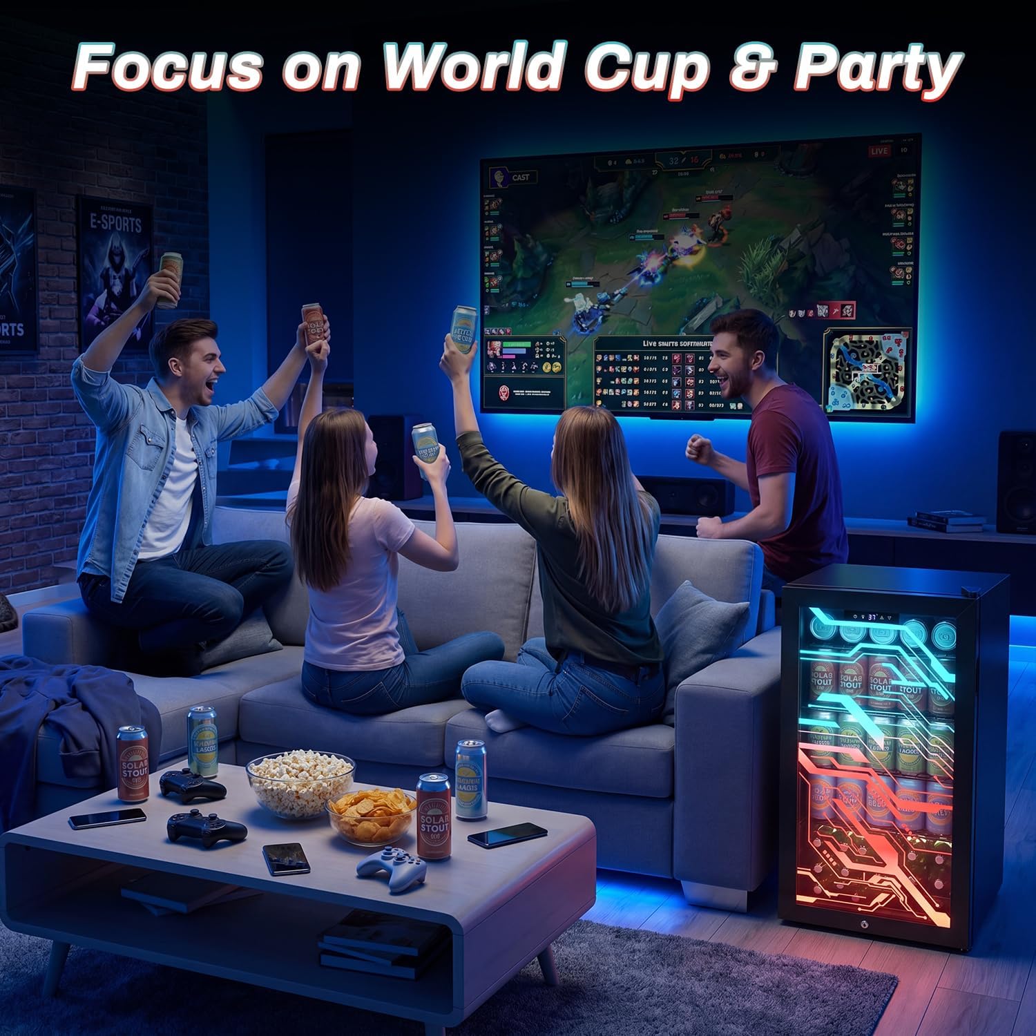 Velivi Gaming Light Up Glass Door Beverage Refrigertor, 3.2 Cu Ft Gaming Mini Fridge with Led RGB Lights Lockable Mini Fridge For Soda Beer, Drink Cooler Cyberpunk Gaming Rooms Bar Home Party