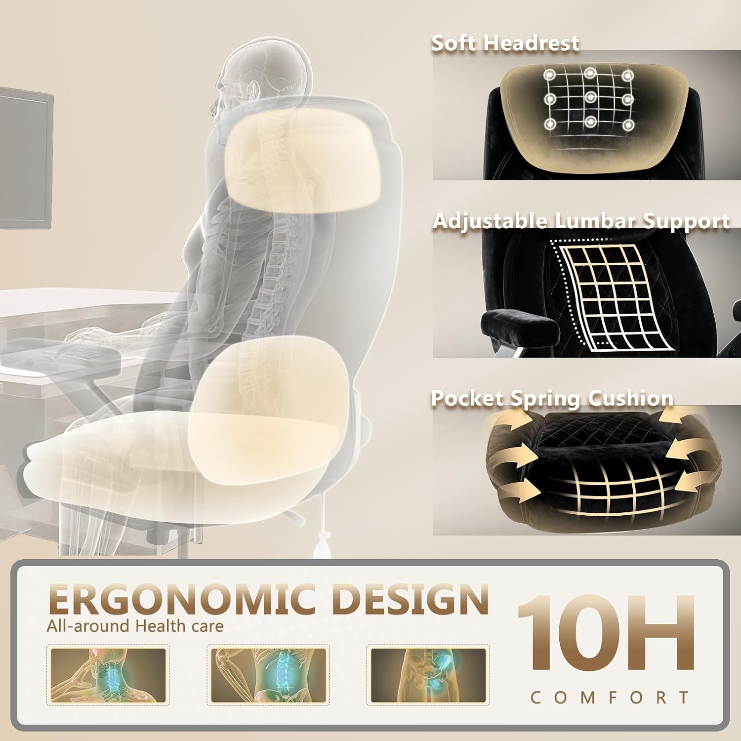 650LBS Fabric Heavy Duty Office Chair with 5D Flip Arms,Comfy Big and Tall Executive Office Desk Chair with Pocket Spring Cushion,High Back Computer Chair with Lumbar Support,Dual Rubber Wheel