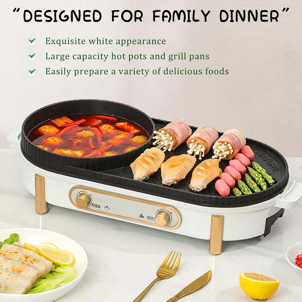 Household Electric Hot Pot with Grill, Teppanyaki Grill Pot and BBQ Pan, Independent Temperature Control, Non-stick Coating, Easy to Clean, For 2-4 People to Enjoy, 1700 W