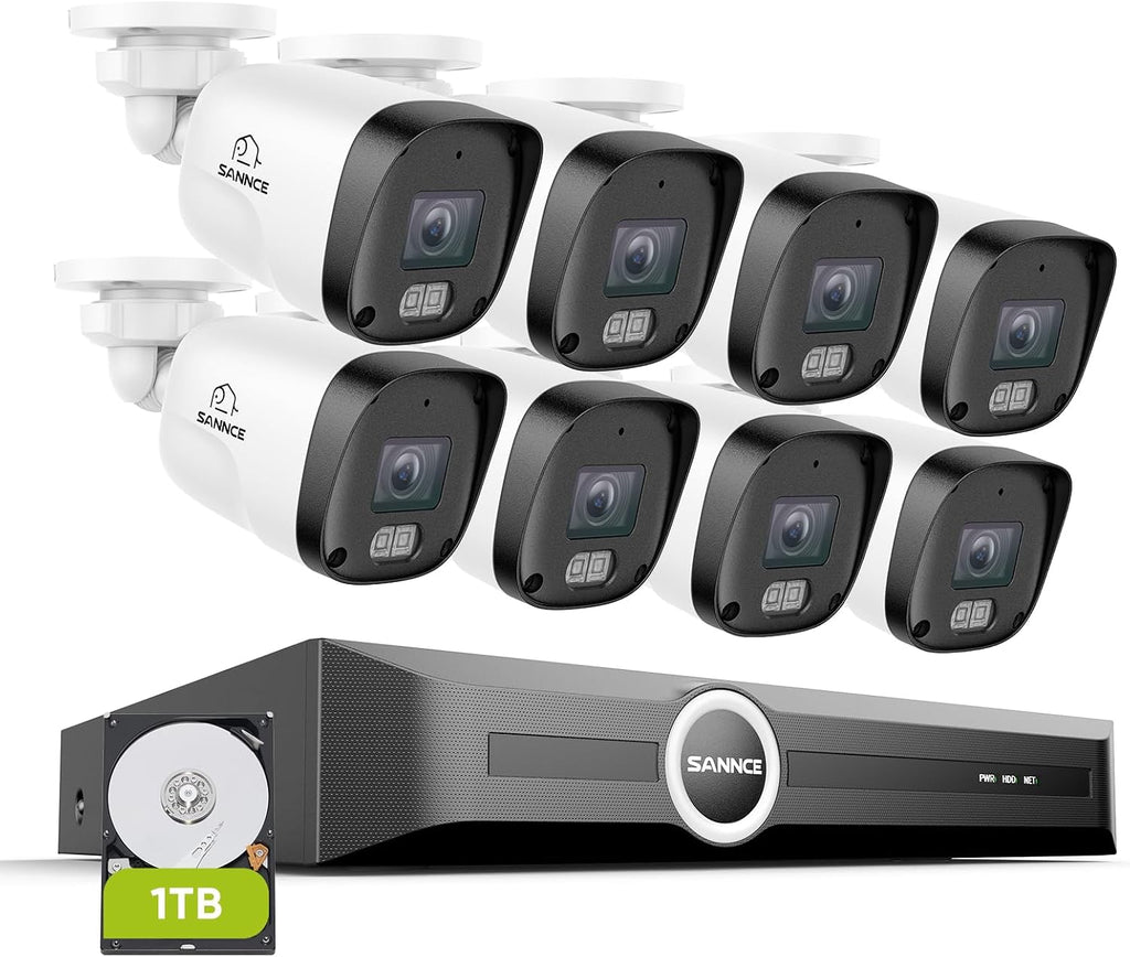 SANNCE 8CH 6MP Surveillance PoE NVR System with 8PCS 2K 3MP HD IP Cameras with H.265 Video Compression, Smart IR LED, APP Push Alert, Remote Access (with 1TB HDD)