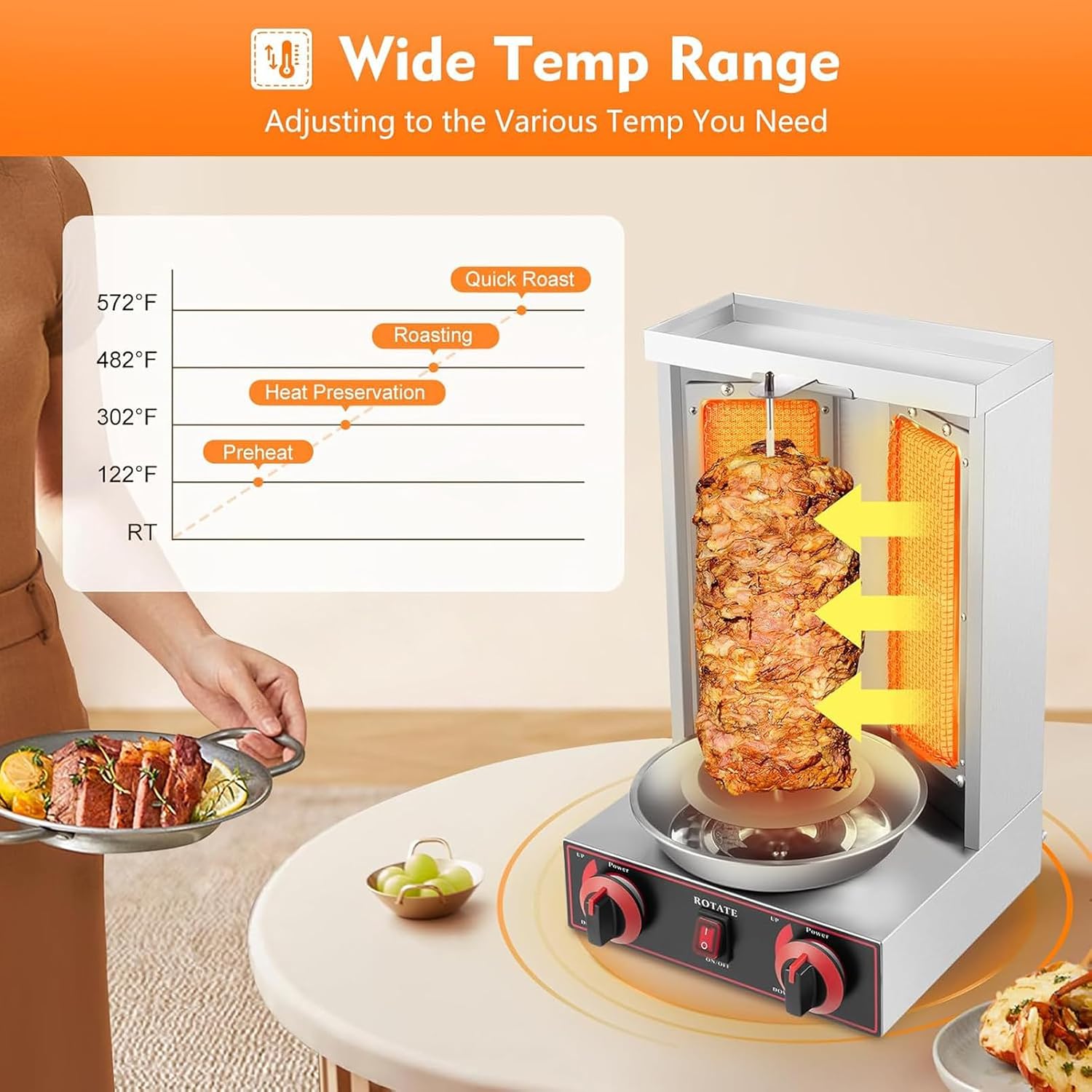 Vertical Grill with Adjustable Timer, with Two Adjustable Heating Tubes, Automatic Rotating Grill Plate, Smokeless Household Grill Plate with Built-in Grease Tray, 360° Rotation