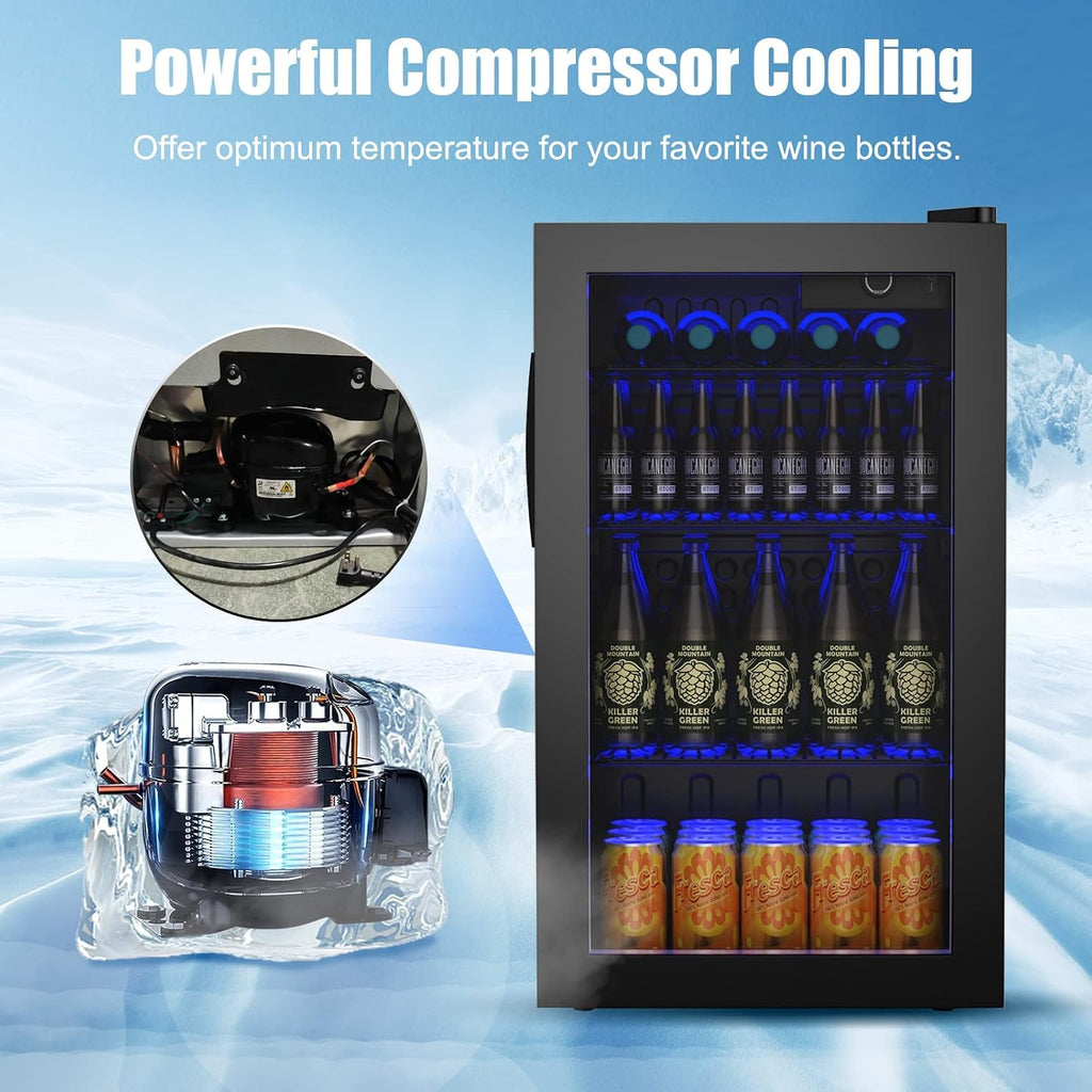 COSTWAY 120 Can Mini Beverage Fridge, Freestanding Beverage Refrigerator Cooler with Glass door, Removable Shelves for Soda Beer Wine, Small Drink Bar Fridge for Home Living Bedroom, 3.2 Cu.Ft