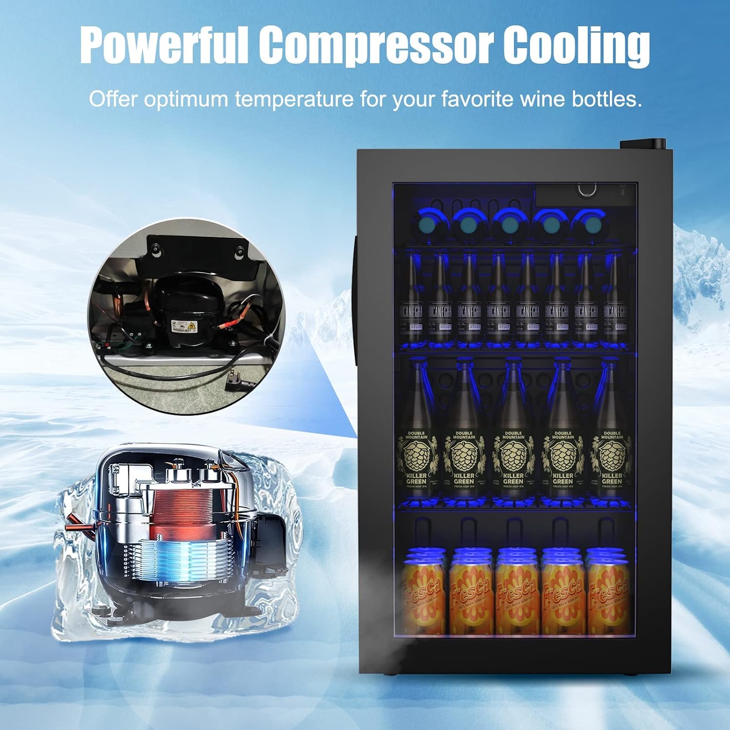 COSTWAY 120 Can Mini Beverage Fridge, Freestanding Beverage Refrigerator Cooler with Glass door, Removable Shelves for Soda Beer Wine, Small Drink Bar Fridge for Home Living Bedroom, 3.2 Cu.Ft
