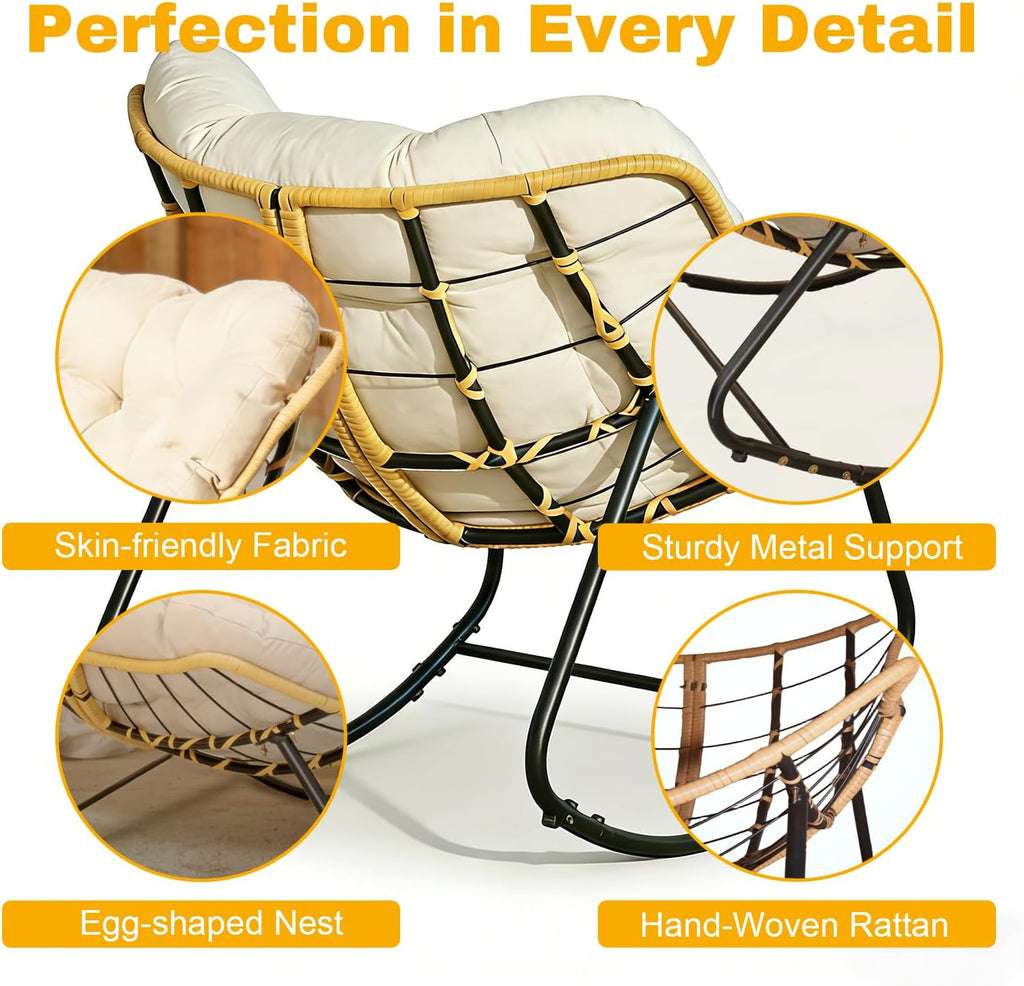 Outdoor Egg Rocking Chair, Patio Rocker Chair with Thick Cushion, Comfy Wicker Reading Lounge Chair Indoor Cozy Rocking Chairs for Patio, Balcony, Porch (Fabric, White, Modern)