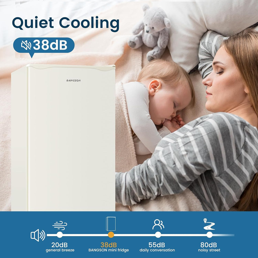 BANGSON Mini Fridge with Freezer, 3.2Cu.Ft, Single Door Small Refrigerator, Energy-efficient, Low Noise, Mini fridge for Bedroom Dorm and Office, Cream White