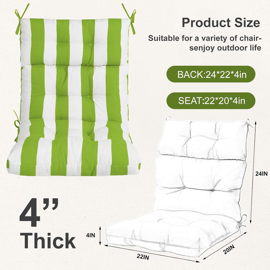 Outdoor High Back Chair Cushions 2-Pack, 44'x22'x 4' Fade-Resistant Waterproof Tufted Pads with Ties for Patio Rocking & Adirondack Chairs (Green White)