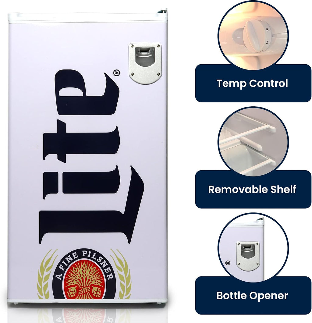 Miller Lite Koolatron Compact Fridge, Bottle Opener, 90 L/ 95 Quart 3.2 Cubic Foot for Snacks, Frozen Meals, Beverages, Juice, Beer, Den, Dorm, Office, Games Room, or RV