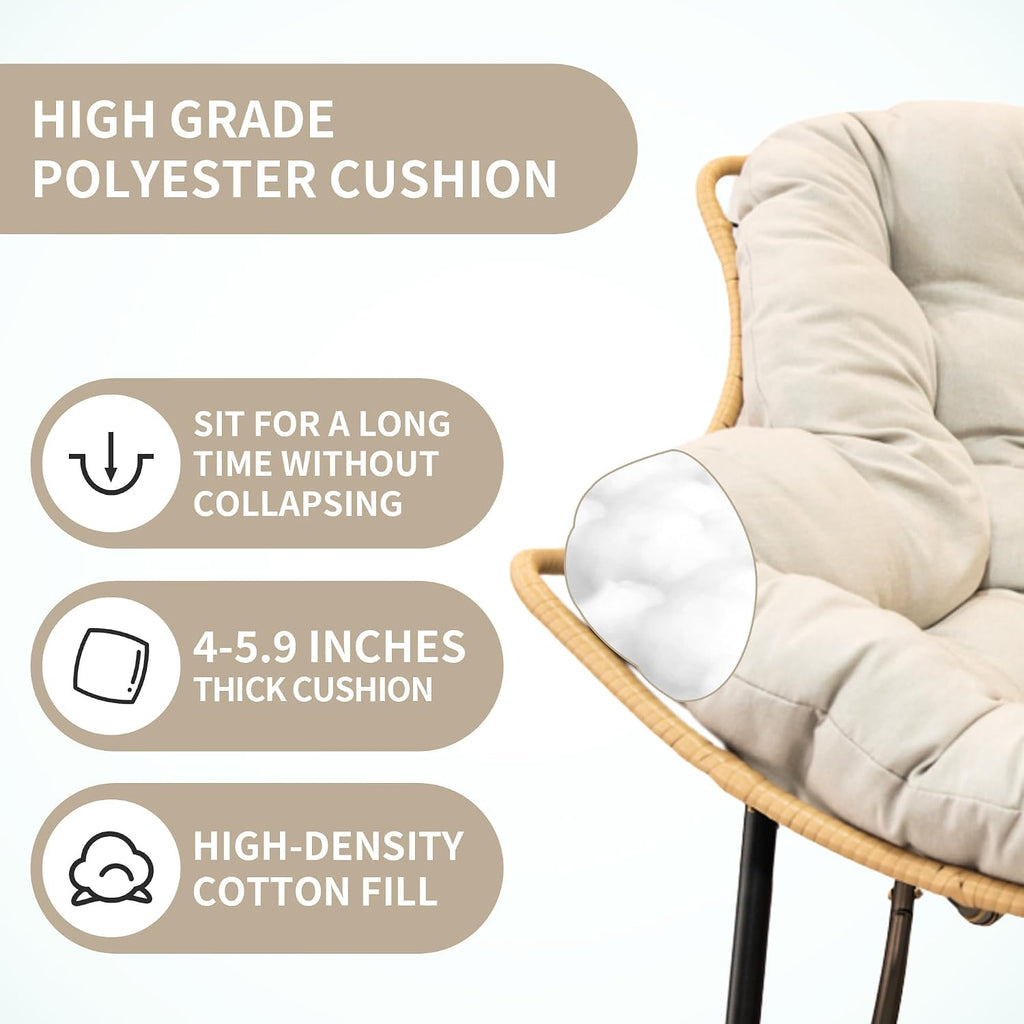 SLEERWAY Large Outdoor Indoor Patio Rocking Egg Chair, Oversized Papasan Chair Rocker with Cushion and Frame, Comfy Rattan Wicker Lounge Chair Outdoor Furniture for Porch Patio Garden Backyard, Beige