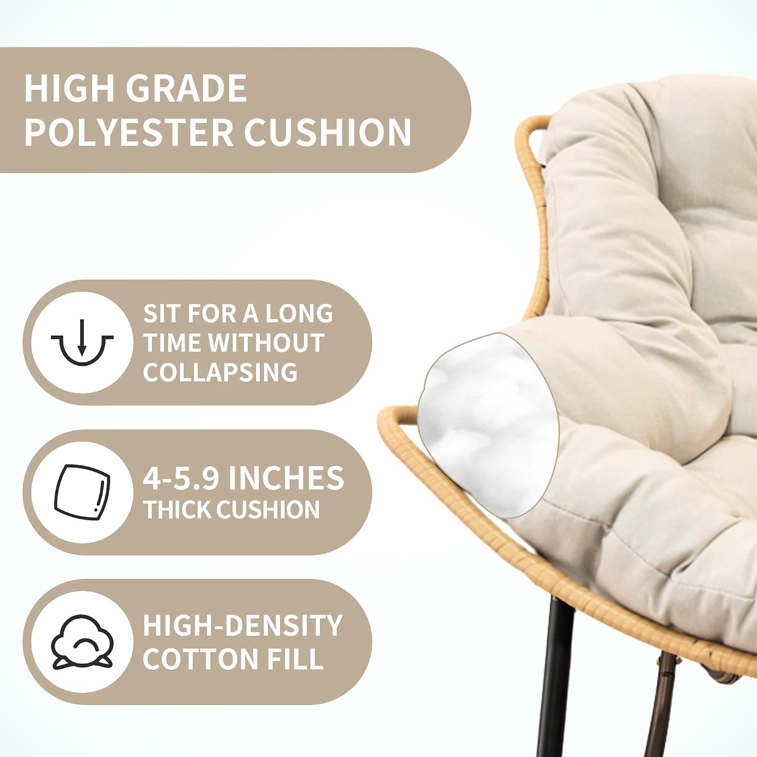 SLEERWAY Large Outdoor Indoor Patio Rocking Egg Chair, Oversized Papasan Chair Rocker with Cushion and Frame, Comfy Rattan Wicker Lounge Chair Outdoor Furniture for Porch Patio Garden Backyard, Beige