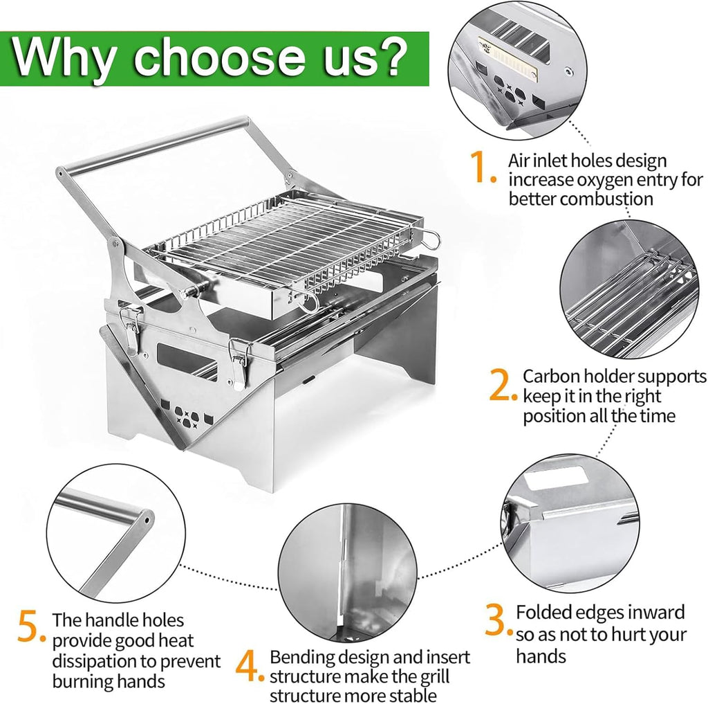 Outdoor Barbecue Grill Portable BBQ Grill, Stainless Steel Charcoal Grill Foldable BBQ Smoker, 180°*2 Double-sided Flipping, for Picnic, Terrace, Camping