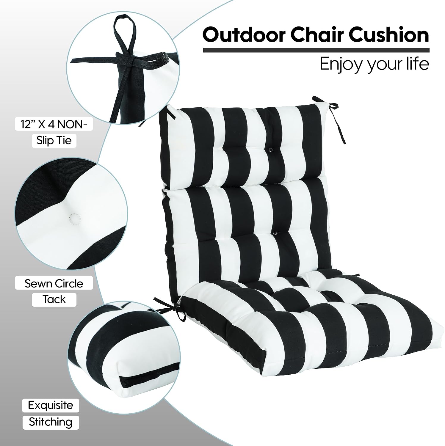 Only choice High Back Adirondack Chair Cushion Set of 2-44'x 22'x 4' Waterproof, Fade-Resistant Outdoor Rocking Chair Cushions for Patio, Garden, Porch (2, Black White Stripes)