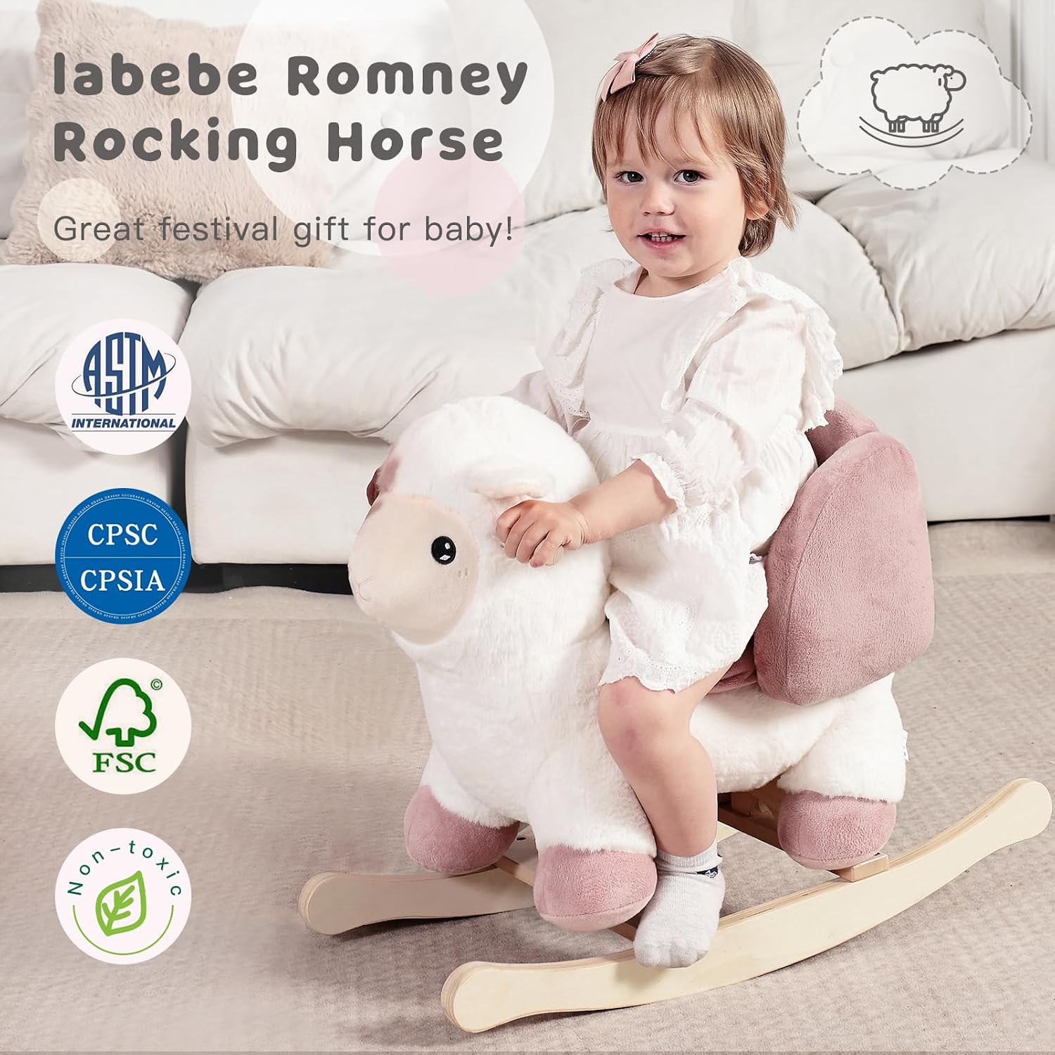 labebe - Baby Sheep Rocking Horse, Kids Plush Stuffed Rocking Animals, Ovis Aries Rocker with Seatbelt for 6 Months Babies, White Romney Rocking Horse for Toddler 1-3 Age Girl