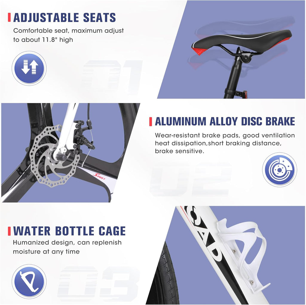 Road Bike 14-21Speed 700C Wheel with Light Aluminum Alloy Frame Commuter Bicycle with Dual Disc/V Brakes for Women and Men Black,White,Blue,Red