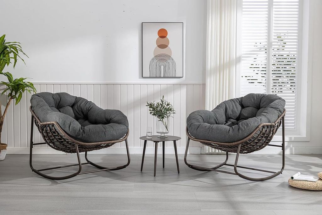 Deolme Large Papasan Rocking Chair Set of 2 with Cushion, Oversized Comfy Reading Chair Lounging Indoor Outdoor Rocker for Front Porch Backyard Bedroom Living Room Egg Chair Rattan (Dark Grey)