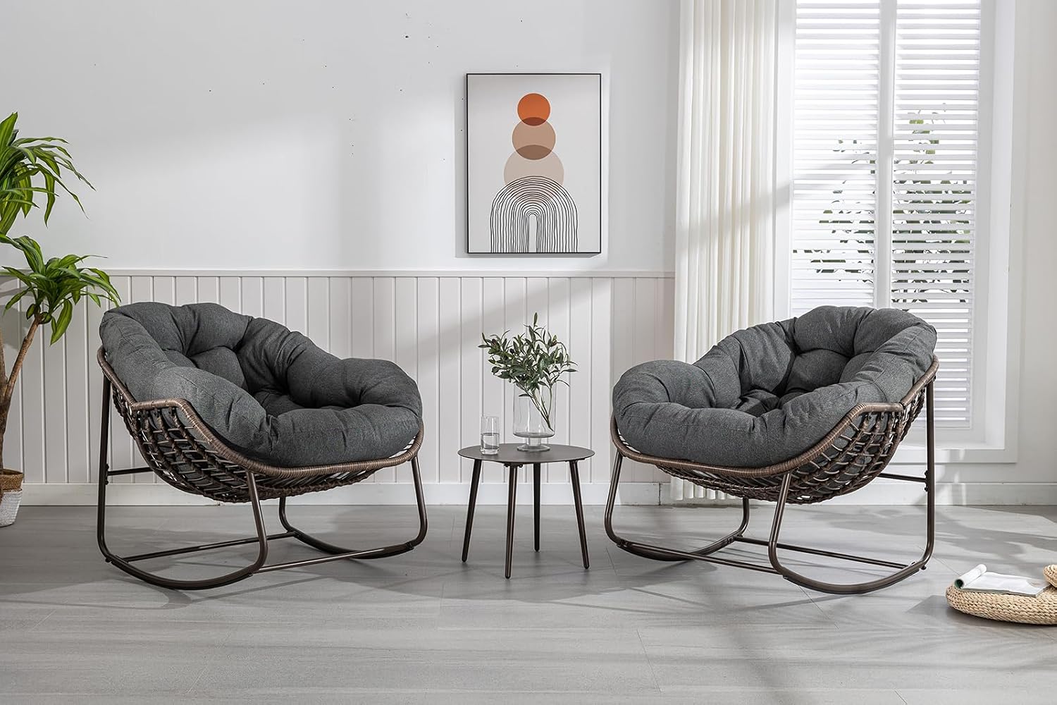 Deolme Large Papasan Rocking Chair Set of 2 with Cushion, Oversized Comfy Reading Chair Lounging Indoor Outdoor Rocker for Front Porch Backyard Bedroom Living Room Egg Chair Rattan (Dark Grey)