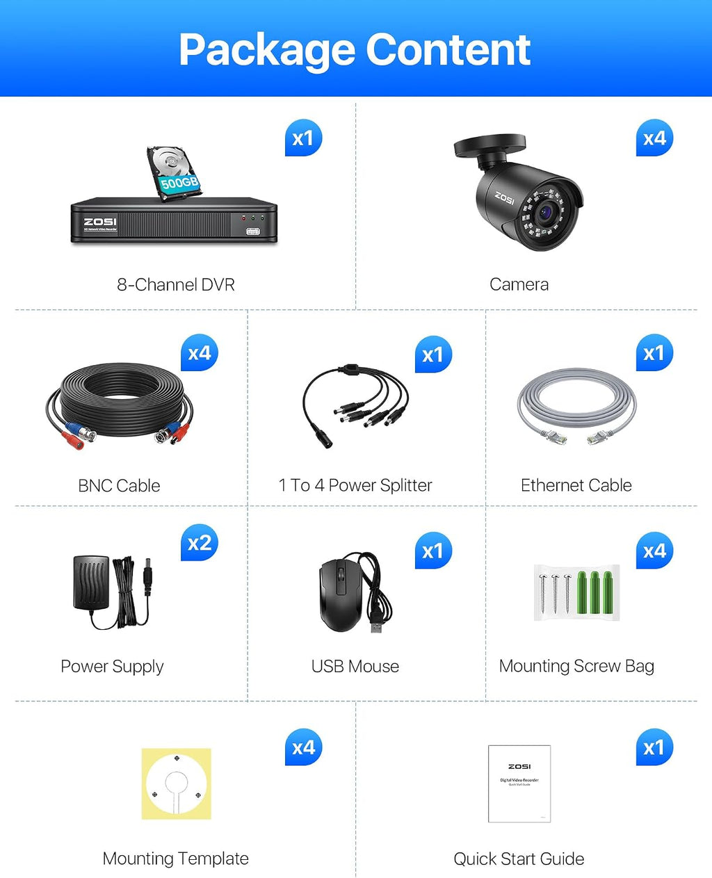 ZOSI 5MP 3K Lite CCTV Security Camera System with AI Human Vehicle Detection, 8CH H.265+ DVR and 4 x 1080p Surveillance Bullet Cameras Outdoor Indoor, 100ft Night Vision, IP66 Weatherproof, 500GB HDD