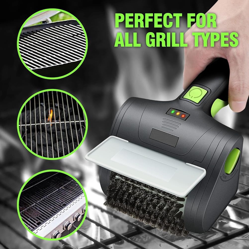 Electric Grill Brush,360°Rotating Brush Head, 304 Removable Brush Head, Cordless & Type-C Rechargeable Grill Cleaning Tool for Outdoor BBQ