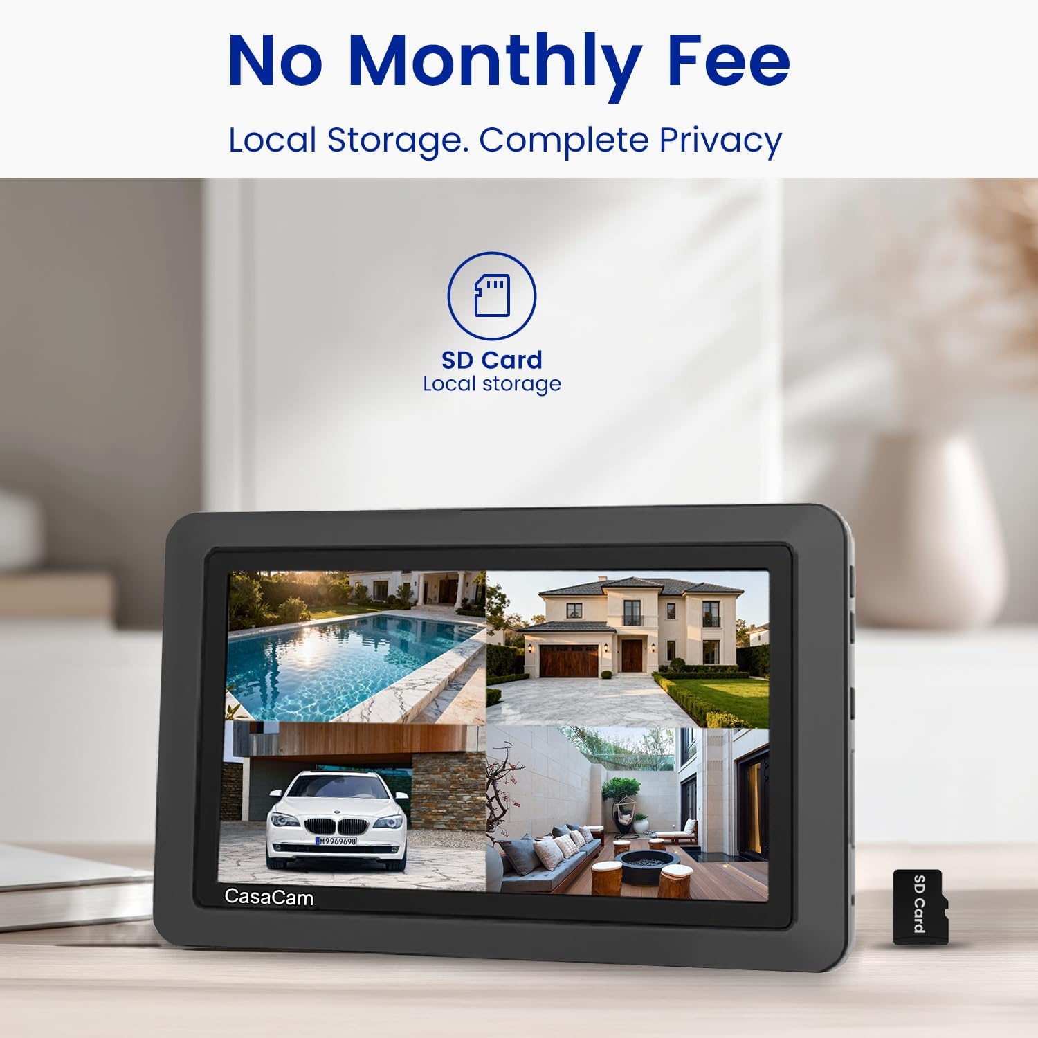 CasaCam GuardianCam Air | Wireless Security Camera System with 7' Touchscreen Monitor and 2 720p Cameras | AC Powered, Two-Way Audio, Free APP, Micro SD Card and Battery Installed, Model VS802