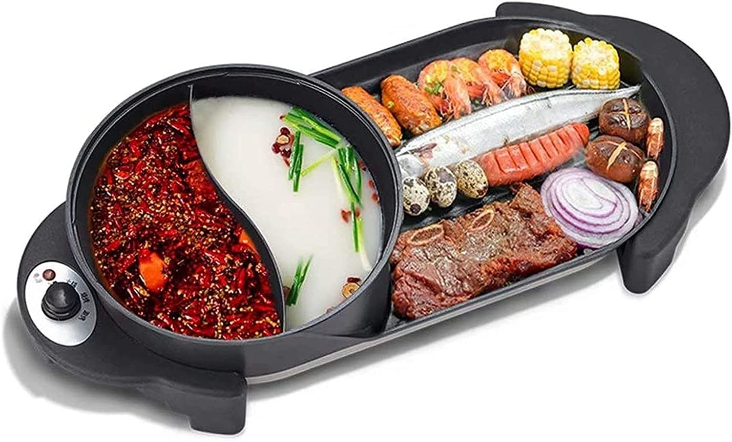 BBQ Electric Grill with Hot Pot Non-stick coating surface, Hot Pot with Glass Lid 2 in 1 Korean Electric Smokeless Grill and Hot Pot (Color : Black, Size : 63 * 26cm)