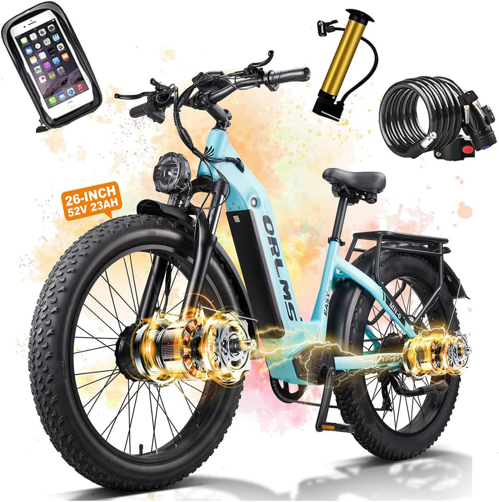 Dual Motor Electric Bike for Adults,5000W Peak,40MPH,52V/23Ah Battery,26'' Fat Tire,Up to 105 Miles Range,SHM 7-Speed Gear Ebike