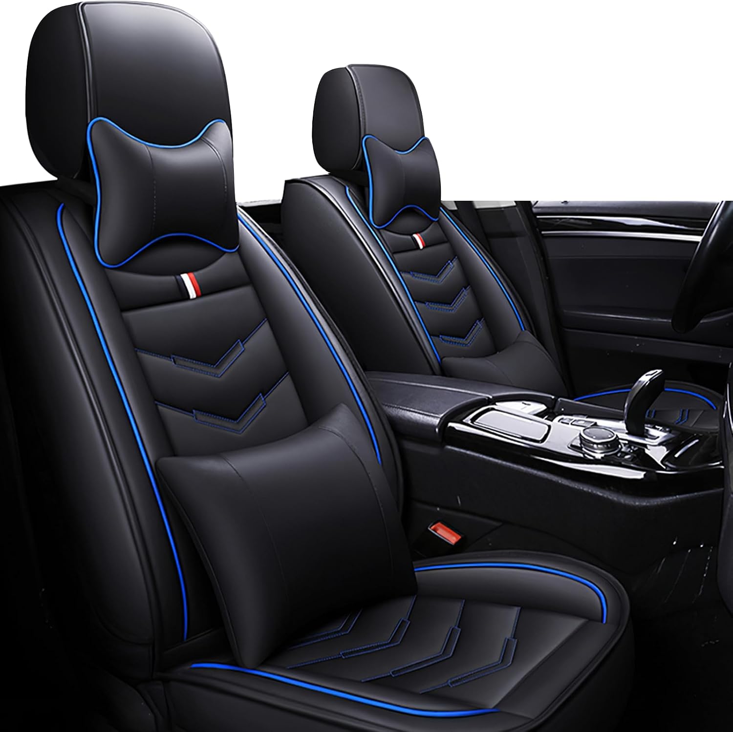 Car Seat Covers Fit for Chevy Suburban 2000-2025, Leather Seat Covers for Car, Waterproof Non-Slip Durable Car Seat Protector(2 Seats with Pillow,Black Blue)