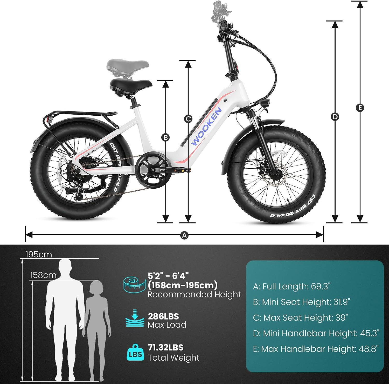 Wooken Electric Bike for Adults, 48V 624Wh Removable Battery Ebike with 60 Miles Long Range, 1000W Peak Brussless Motor, 20×4.0' Fat Tire E Bike,Step-Thru Electric Bicycle, SGS Certified to UL 2849