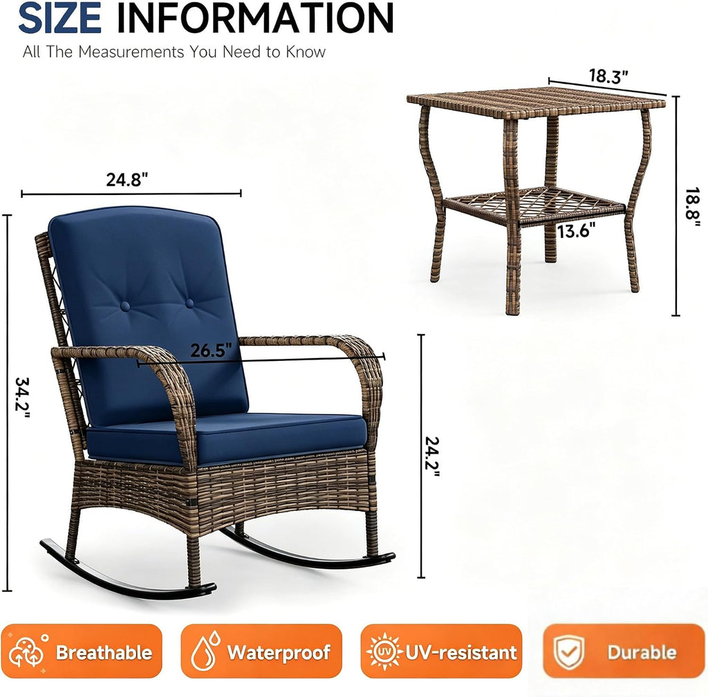 DECMICO 3 Pieces Rocking Bistro Set, Wicker Outdoor Rocking Chair with Washable Cushions, Rattan Rocking Chairs with Rattan Table, Outdoor Wicker Chair for Patio Backyard Porch Garden