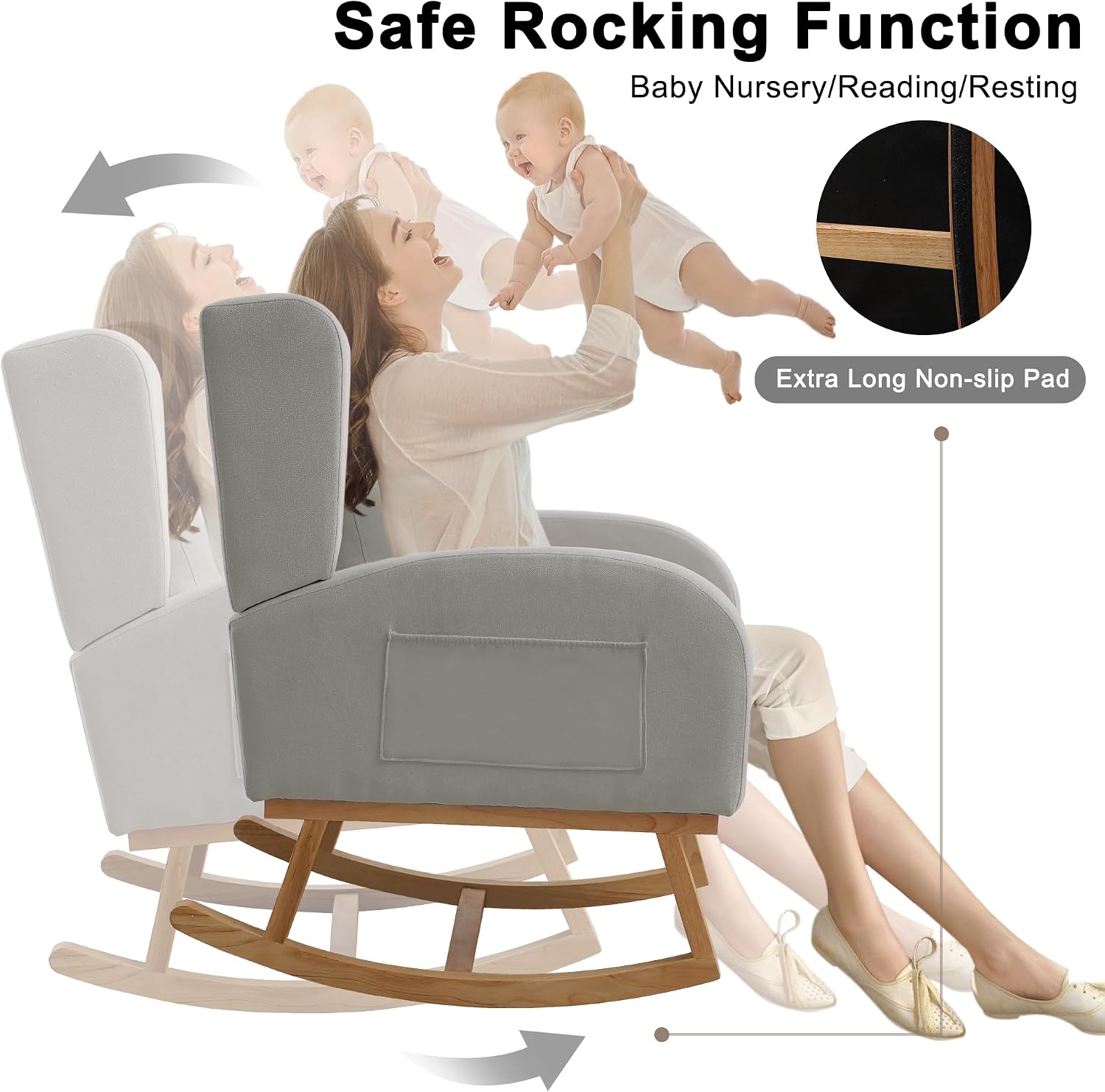 Nursery Rocking Chairs, Upholstered Rocking Chairs Glider Rocker for Living Room,Bedroom, Comfy Linen Glider Rocker Nursing Chair Wingback with Side Pocket for Nursing Adult Light Grey