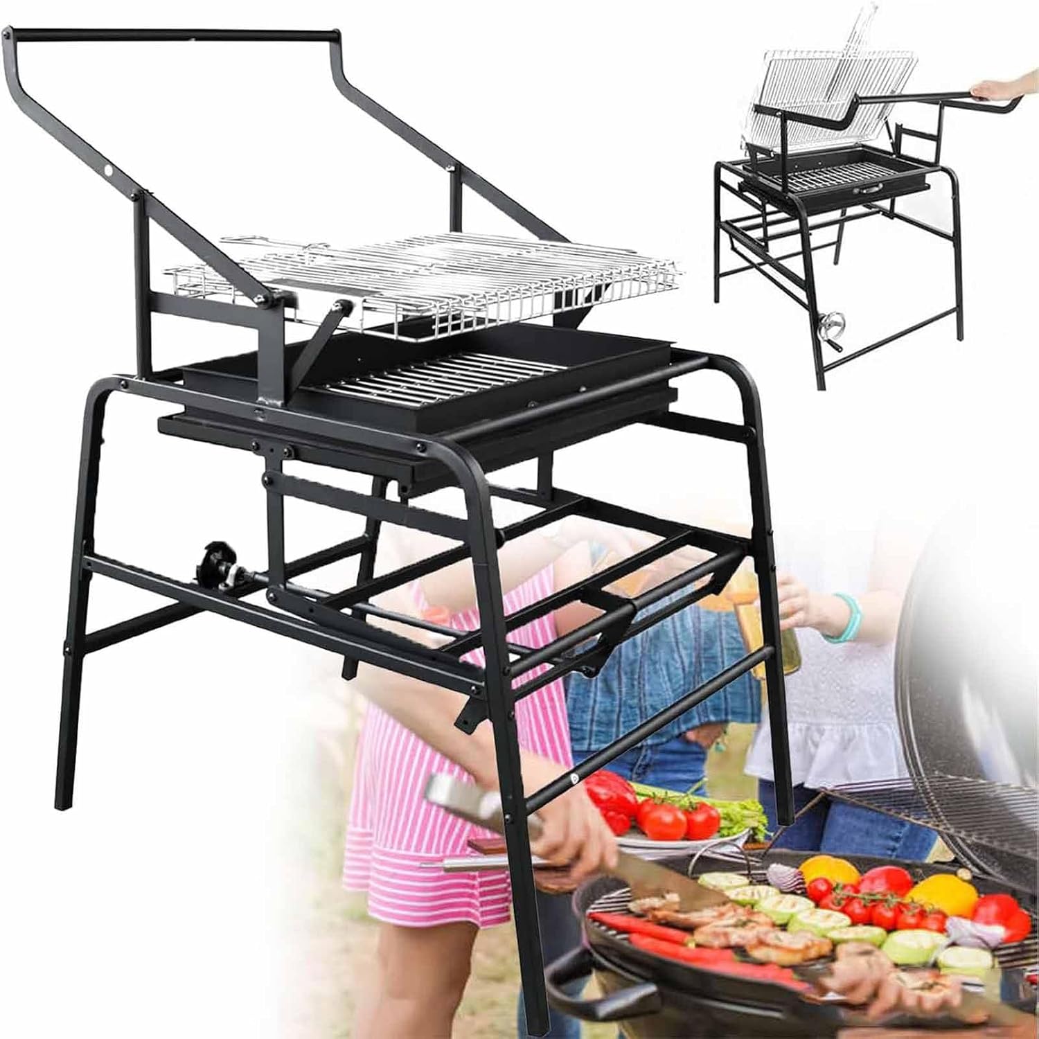 360° Rotating Charcoal Grill,Camping Rotating Smoker Grill BBQ,Liftable Charcoal Basin Stainless Steel Rotisserie Grills for Camping Garden Commercial