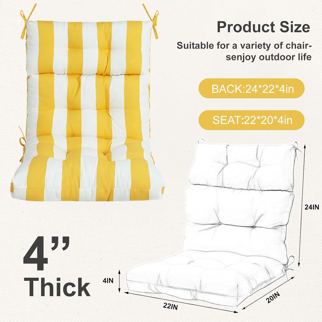 Outdoor High Back Chair Cushions 2-Pack, 44'x22'x 4' Fade-Resistant Waterproof Tufted Pads with Ties for Patio Rocking & Adirondack Chairs (Yellow White)