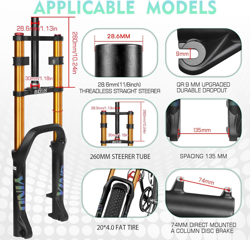 BUCKLOS 20 inch 4.0 Fat Tire E-Bike Air Suspension Fork, 180mm Travel Spacing Hub 135mm Straight Tube MTB Manual Lockout 9mm QR Mountain Bike Double Shoulder Electric Bicycle Front Forks Snow Beach