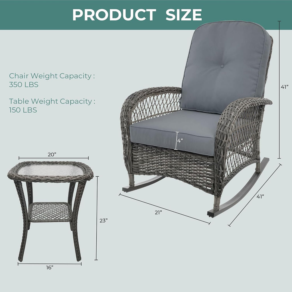 Wicker Rocking Chair Set of 2, 3-Piece Outdoor Patio Rocker Chair with Cushions & Steel Frame, All-Weather Outdoor Rattan Rocking Chair with Side Table for Lawn Porch Garden (Grey, Style 3)