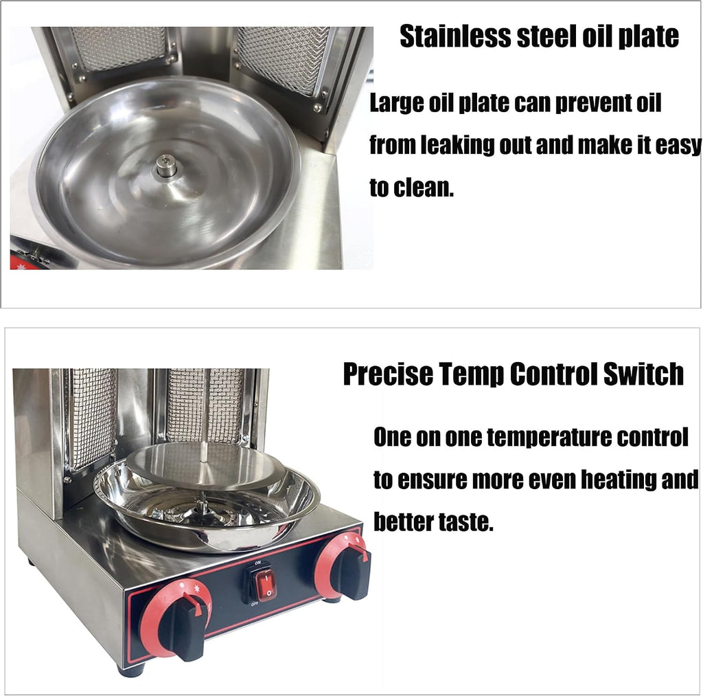 LP Gas Shawarma Gyro Grill 2 Burners Commercial Stainless Steel Vertical Broiler Kebab Machine Adjustable Temperature with Meat Catch Pan and Rotating Doner for Home Restaurant Kitchen