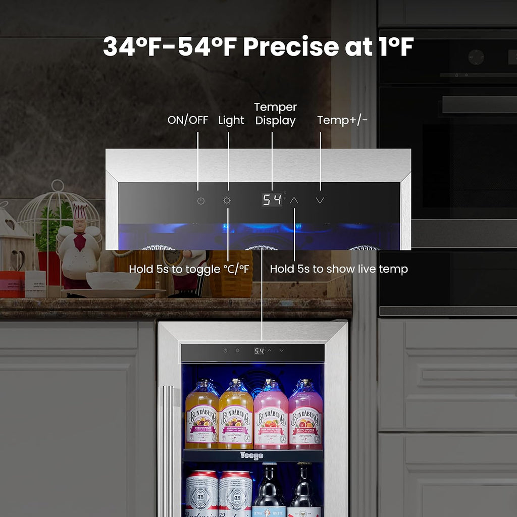 Yeego Beverage Refrigerator Cooler - 15 inch 100 Cans Mini Fridge with Glass Door, 34-54 ℉ Drink Cooler, Built-in or Freestanding for Wine Beer Soda Bar Office Home Dorm
