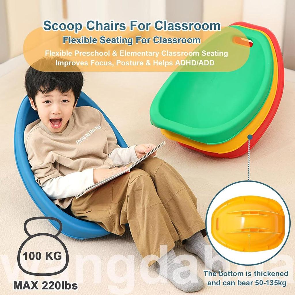 Floor Chair for Kids, 4 Packs Red Sensory Rocking Chair, Portable Reading Chair with Back Support, Plastic Scoop Chairs for Classroom, Flexible Seating for Classroom, Scoop Rocker Chair for Toddler