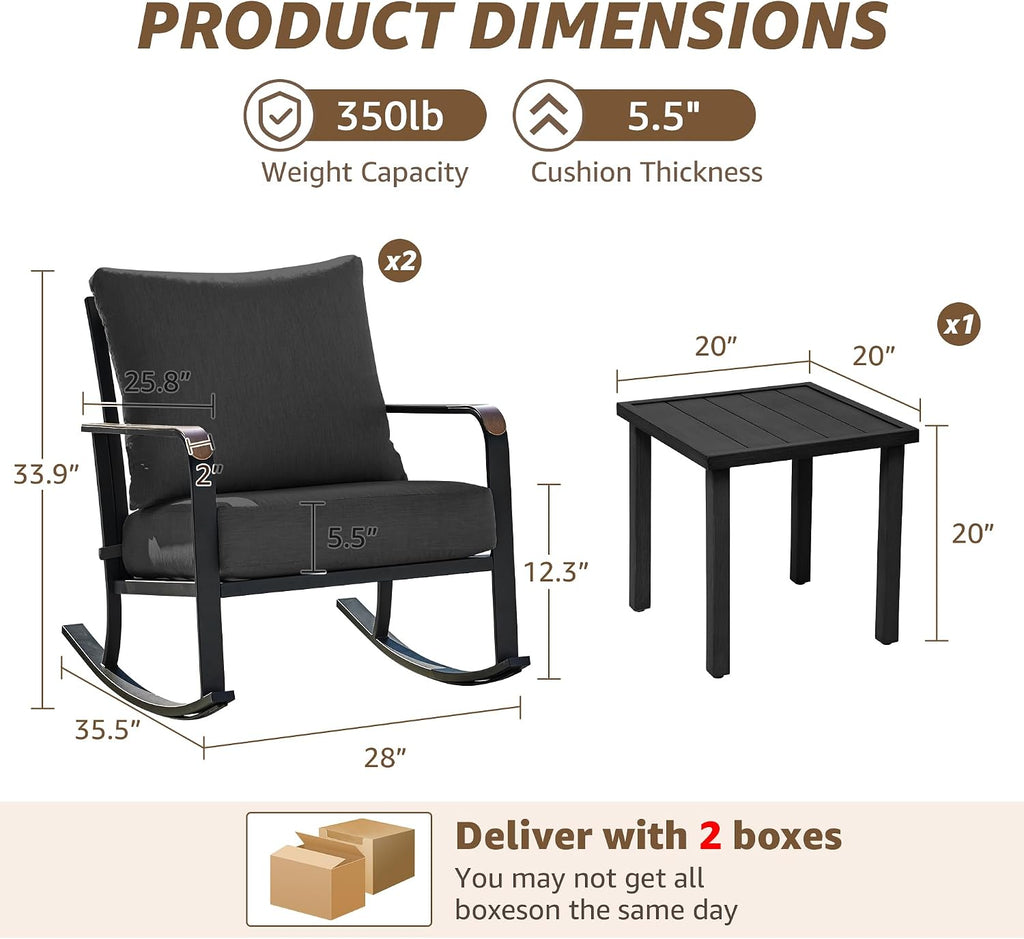 NATURAL EXPRESSIONS 3 Piece Patio Bistro Rocking Set, Outdoor Rocking Chairs with 350 lb Capacity, Thick 5.5' Olefin Cushions and Metal Coffee Table for Balcony, Porch, Backyard