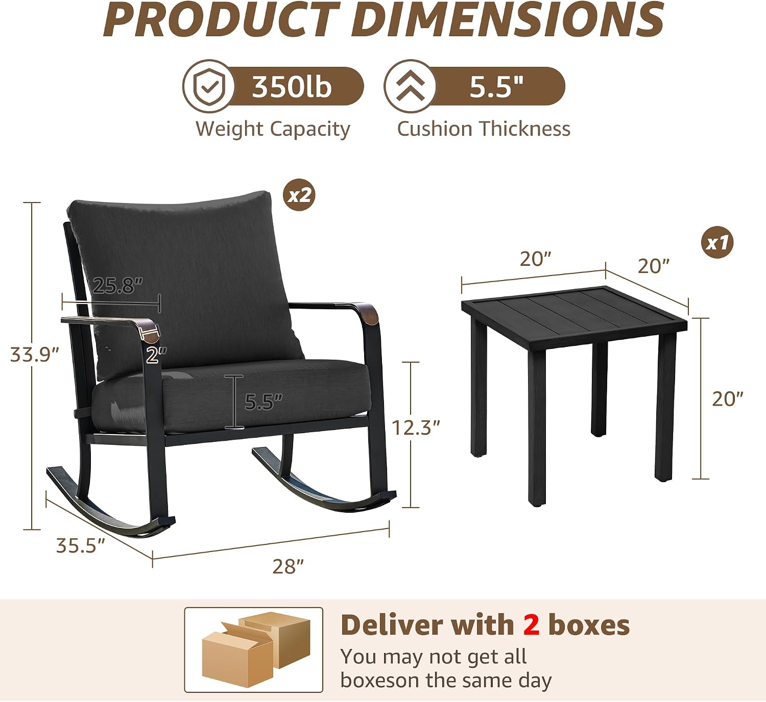 NATURAL EXPRESSIONS 3 Piece Patio Bistro Rocking Set, Outdoor Rocking Chairs with 350 lb Capacity, Thick 5.5' Olefin Cushions and Metal Coffee Table for Balcony, Porch, Backyard