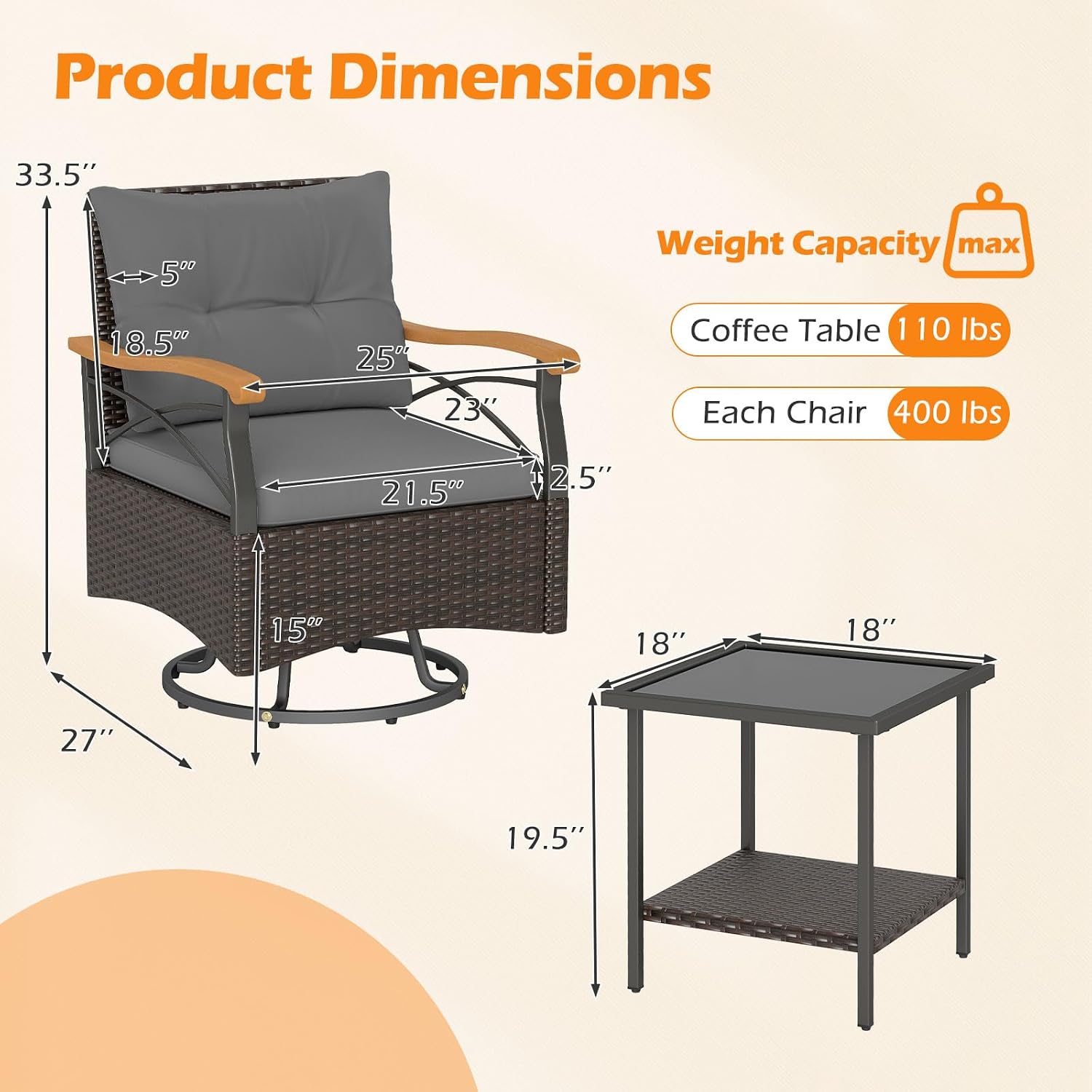 Tangkula 3 Piece Outdoor Swivel Chair Set, Patio Wicker Rotating Cushioned Chairs with 2-Tier Tempered Glass Side Table, for Porch, Yard, Balcony, Garden