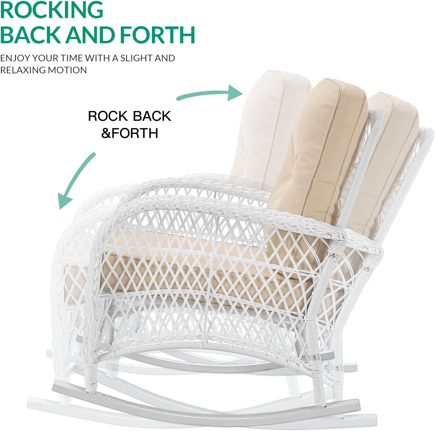 VIVIJASON 4-Piece Outdoor Patio White Wicker Conversation Sets, All Weather Outdoor Rattan Furniture Set Includes Glider Loveseat, Coffee Table, 2 Rocking Chairs with Cushions for Backyard, Beige