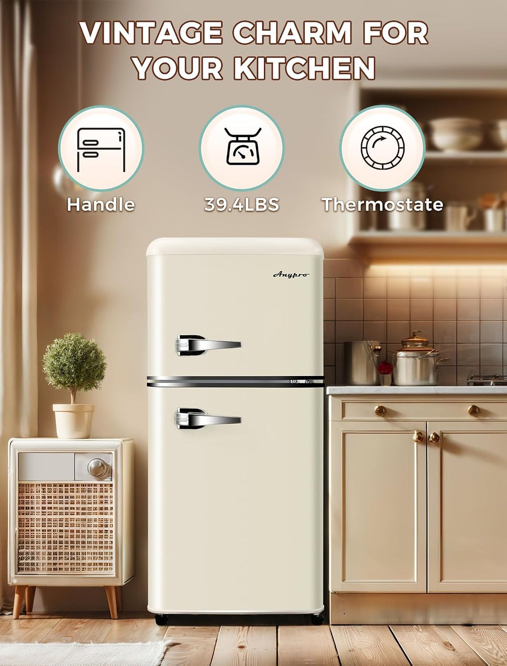 Anypro Fridge with Freezer, 3.2 Cu.Ft Retro Double Door Refrigerator with 7 Level Thermostat, Adjustable Removable Glass Shelves for Bedroom Office Apartment Dorm Bar, White