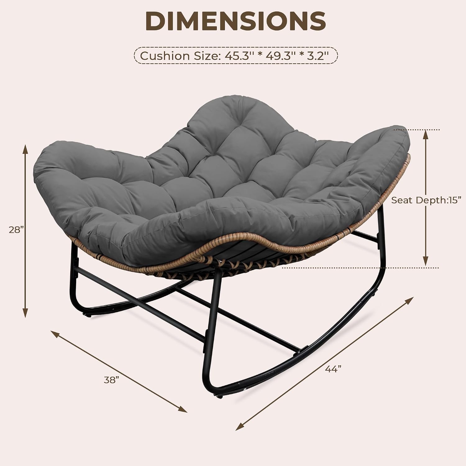Papasan Rocking Chair for Outdoor & Indoor, Oversized Patio Rocking Chair with Cushions & Steel Frame, Wicker Egg Lounge Chair, Comfy Reading Chair for Patio, Deck, Porch (Grey, Style 2)