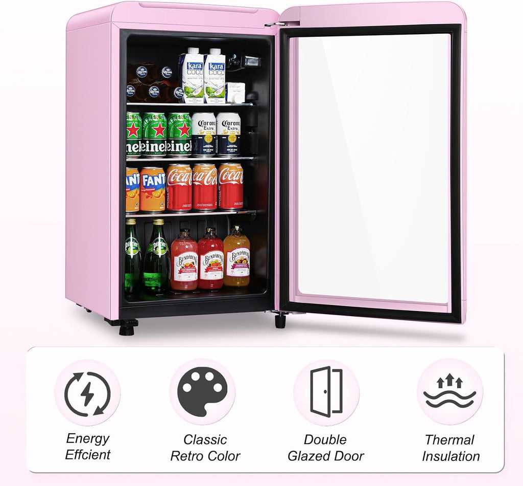 Retro Beverage Refrigerator, 3.2 Cu.Ft Mini Fridge with Glass Door, Vintage Freestanding Drink Cooler for Office, Bar, Home, Adjustable Shelving, Adjustable Thermostat (Pink)