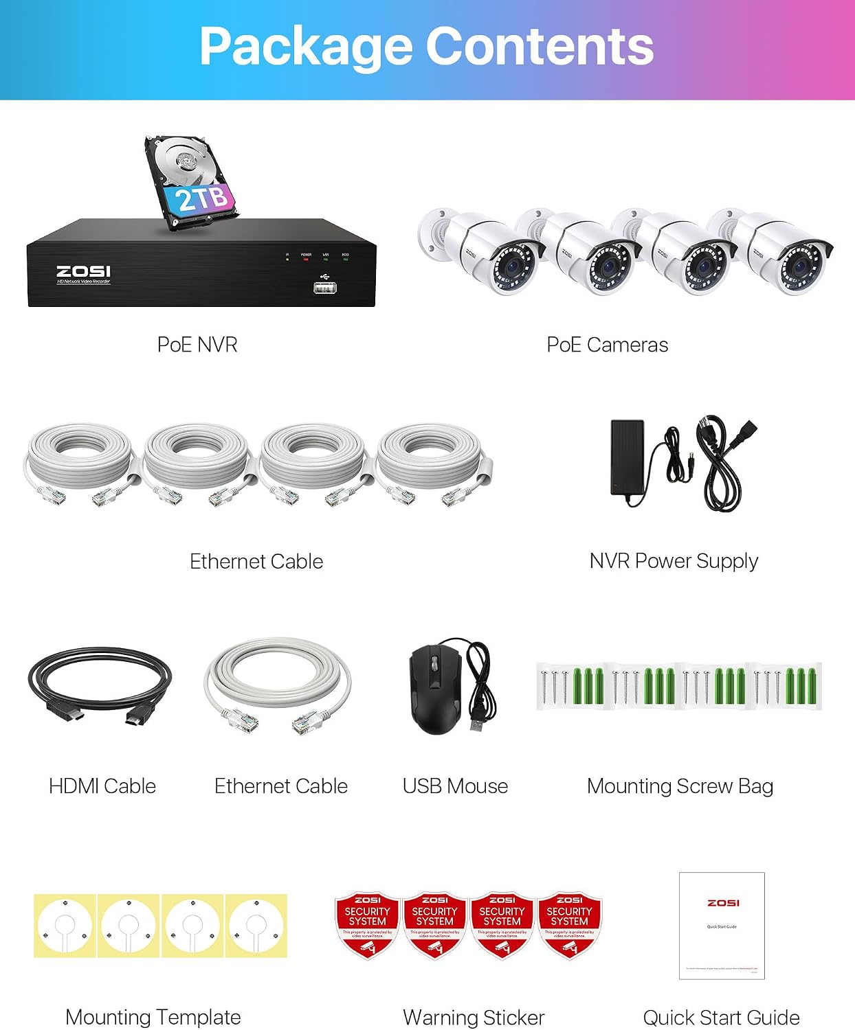 ZOSI 8CH 4K PoE Home Security Camera System, 8 Ports 16CH 8MP NVR with 2TB HDD, 4pcs 5MP Outdoor PoE IP Cameras, 100ft Night Vision, Person Vehicle Detection, Remote Access, for 24/7 Recording