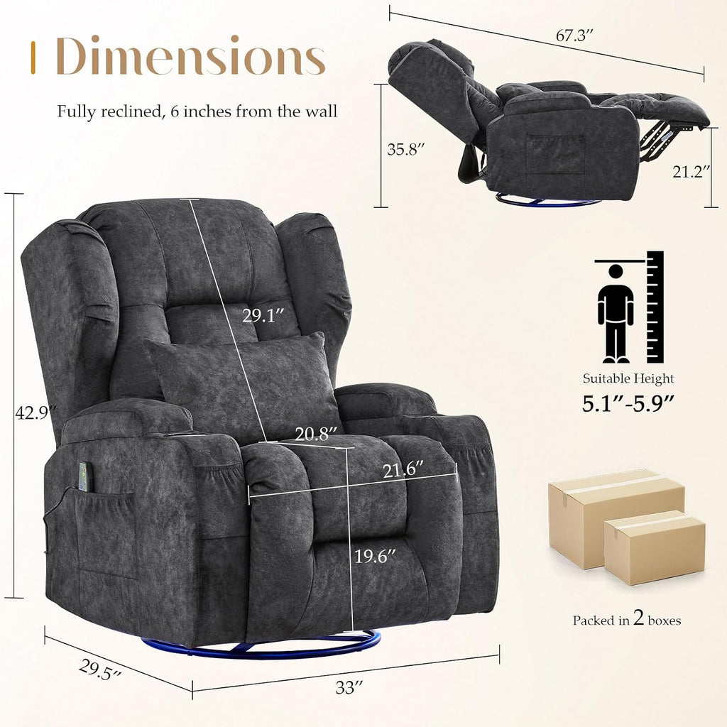 Power Swivel Rocker Recliner Chair with Massage & Heat, Dual Motor Electric Glider Rocking Recliner with USB Ports, Cup Holders & LED Light for Living Room, Home Theater (Grey)