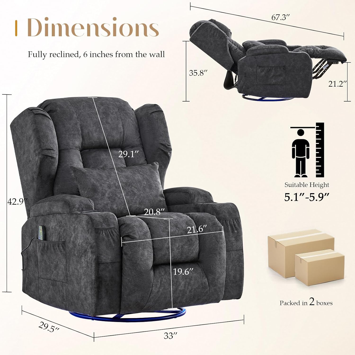 Power Swivel Rocker Recliner Chair with Massage & Heat, Dual Motor Electric Glider Rocking Recliner with USB Ports, Cup Holders & LED Light for Living Room, Home Theater (Grey)